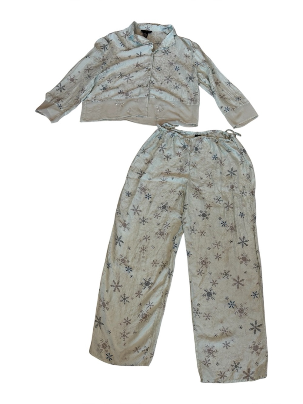 August Silk intimates 100% silk pajamas set blue mint snowflakes beaded buttons